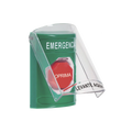 Botón Multipropósito, Color Verde, De Superficie, Con Tapa De Policarbonato, Con Bocina Pre Alarma, Solo Interior, Llave Para Restablecer, Texto De Emergencia, Español