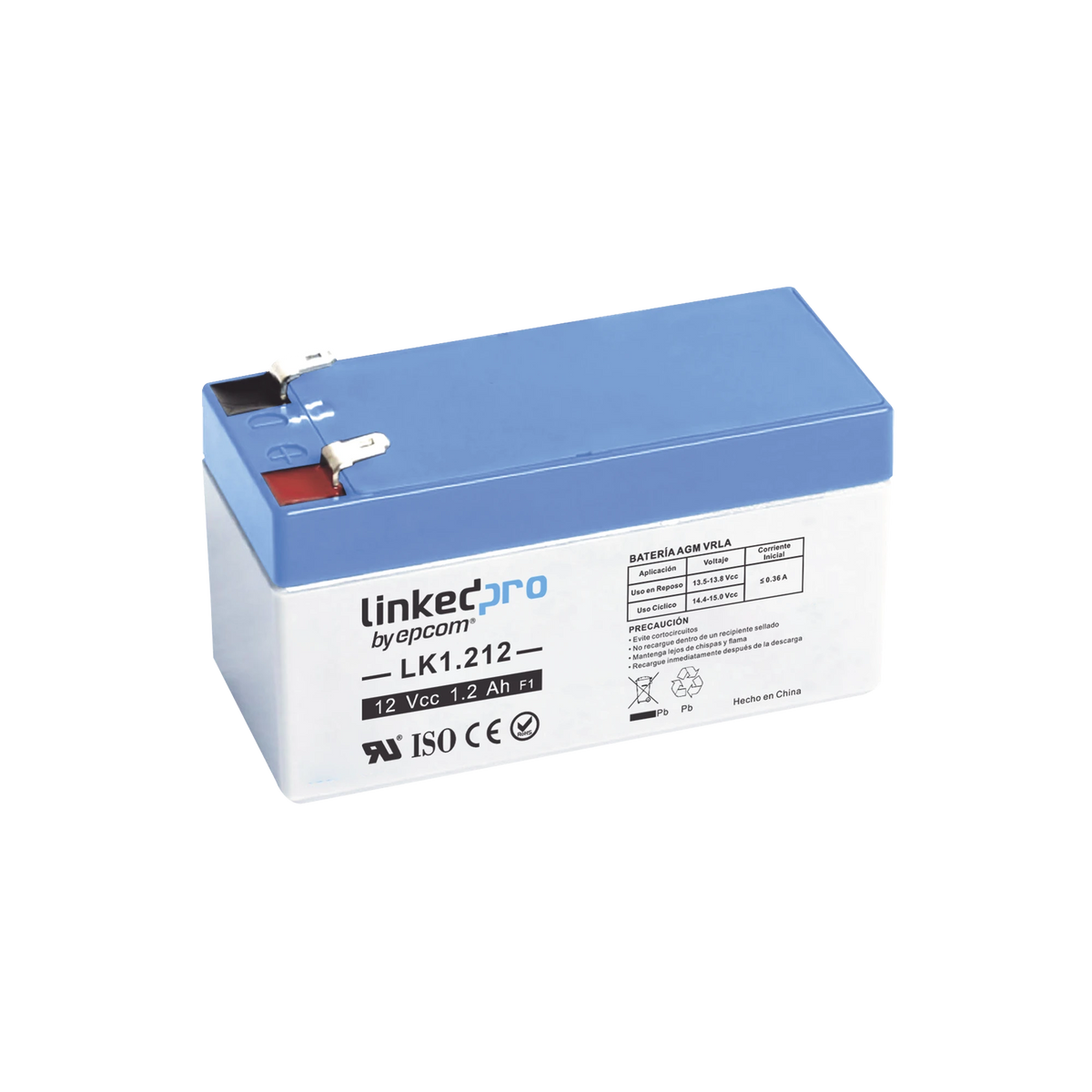 Batería 12V / 1.2 Ah / UL / AGM-VRLA Sellada / Vida útil 5 años / Alarmas de Intrusión / Incendio / Control de acceso / Video Vigilancia / Terminales F1 (Incluye adaptador F2)