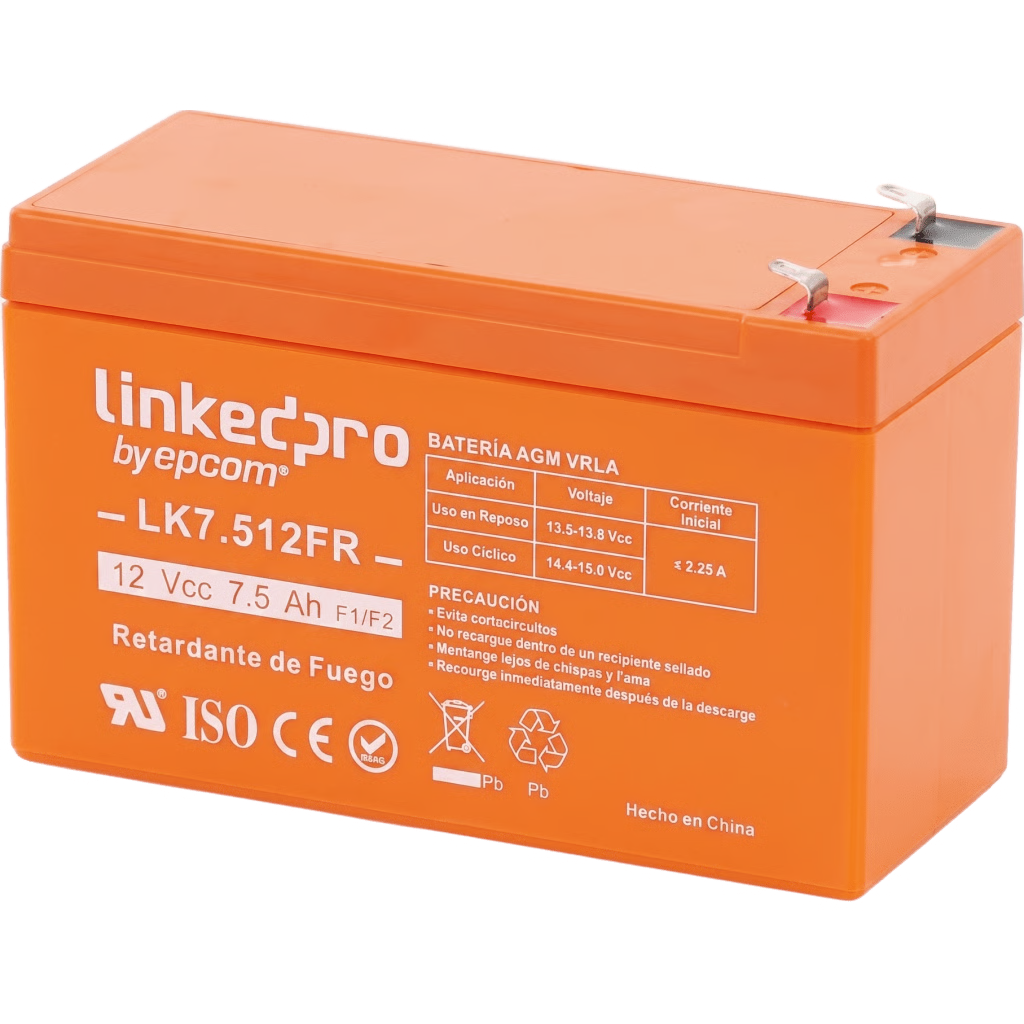 Batería de respaldo 12 V 7.5 Ah AGM | Certificada UL94-V0 Retardante a la Flama | Especial para Seguridad Electrónica | Vida útil 5 años | Terminales F1 + Adaptador F2