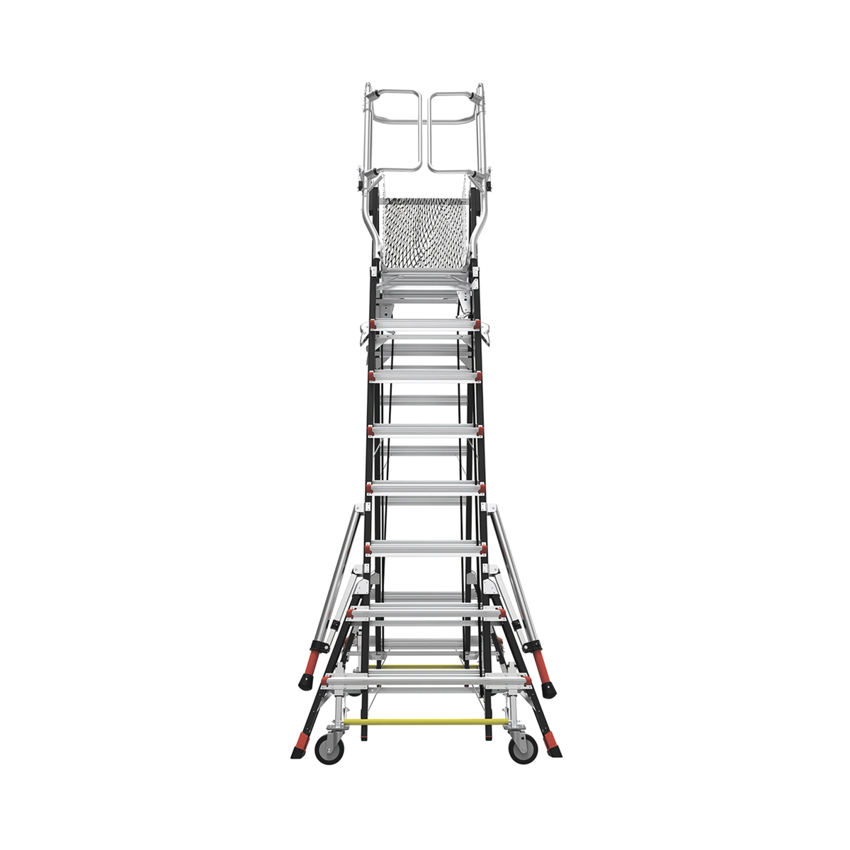 Escalera de Fibra de Vidrio con Jaula de 8'-14' (2.44 - 4.27 m). Con Ajuste en Ruedas (RATCHET™ Leveler) (SKU:18515-817).