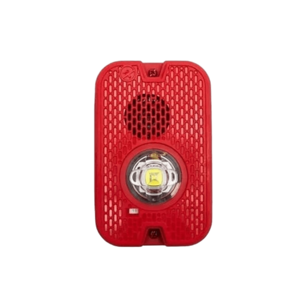 Sirena con Lámpara LED Estroboscópica / 2 Hilos / Montaje en Pared / 16 a 24 Vcd / Configuración Estroboscópica Seleccionable / Texto en Inglés / Color Rojo / Uso exterior