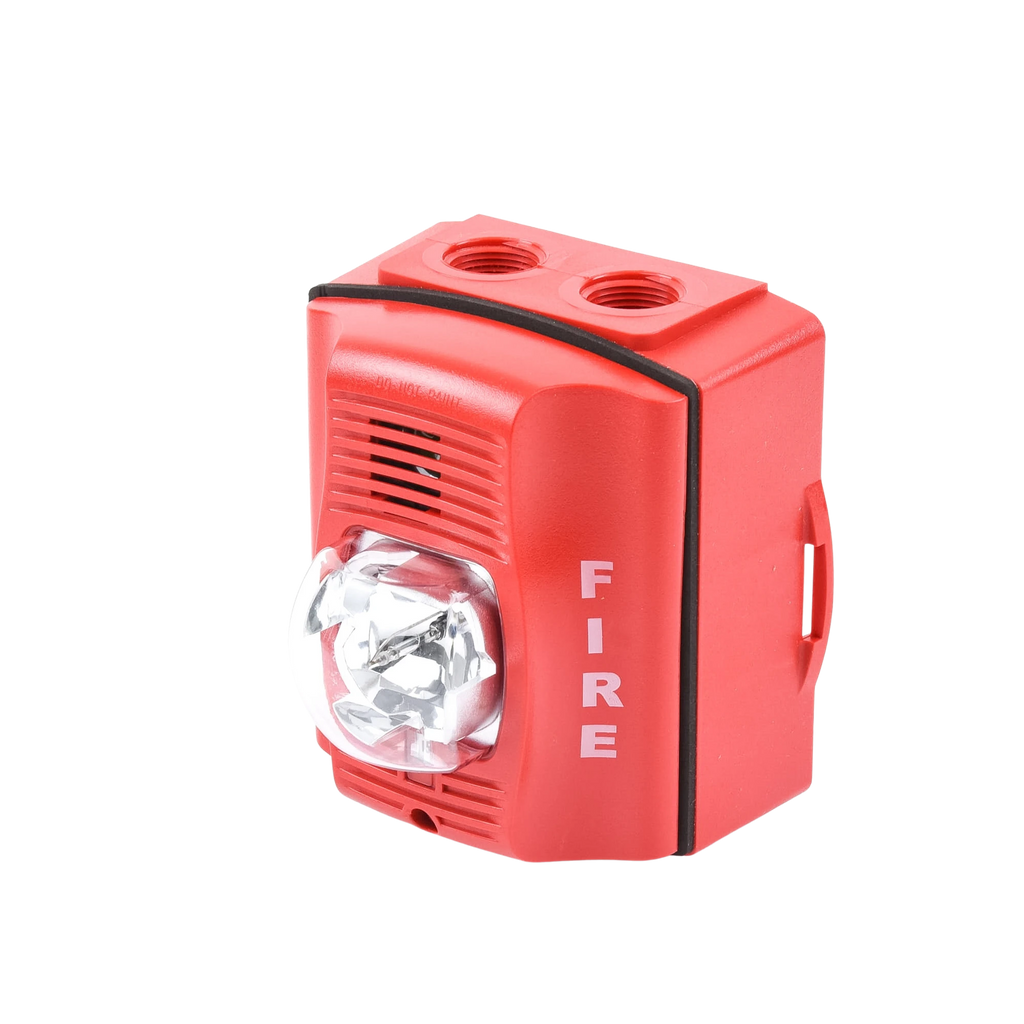 Sirena con Lámpara Estroboscópica / para Exterior / a 2 Hilos / Montaje en Pared / 12 o 24 Vcd / Configuración Estroboscópica Seleccionable / Texto en Inglés / Incluye Caja de Montaje / Color Rojo