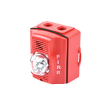 Sirena con Lámpara Estroboscópica / para Exterior / a 2 Hilos / Montaje en Pared / 12 o 24 Vcd / Configuración Estroboscópica Seleccionable / Texto en Inglés / Incluye Caja de Montaje / Color Rojo