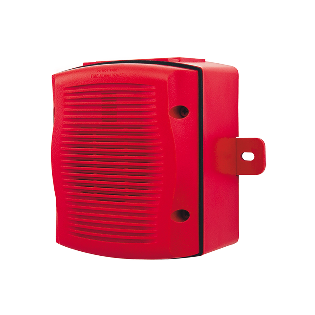 Sirena con Lámpara Estroboscópica / para Exterior / a 2 Hilos / Montaje en Pared / 12 o 24 Vcd / Configuración Estroboscópica Seleccionable / Texto en Inglés / Incluye Caja de Montaje / Color Rojo