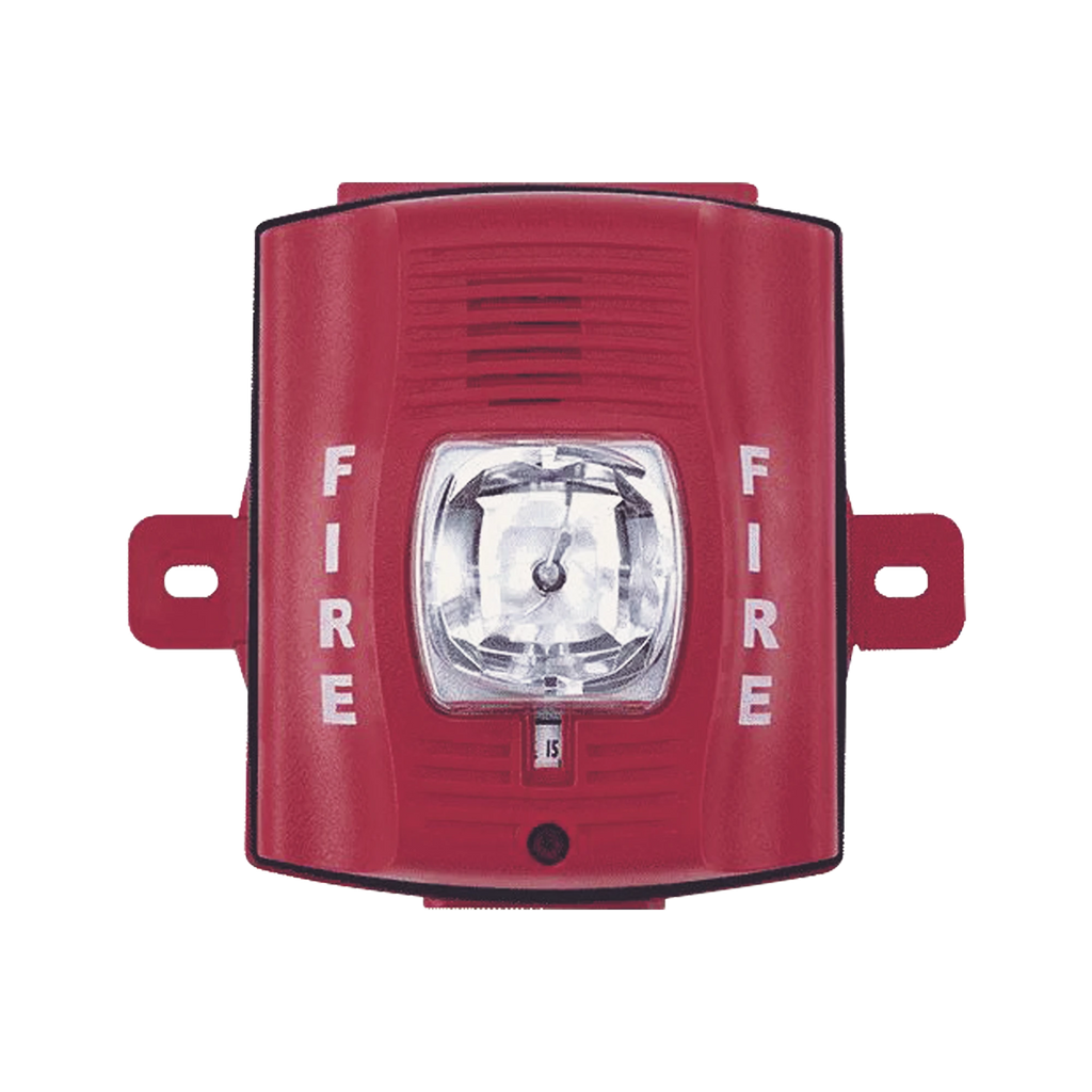 Sirena con Lámpara Estroboscópica / 4 Hilos / Montaje en Pared / 12 o 24 Vcd / Configuración Estroboscópica Seleccionable / Texto en Inglés / Color Rojo